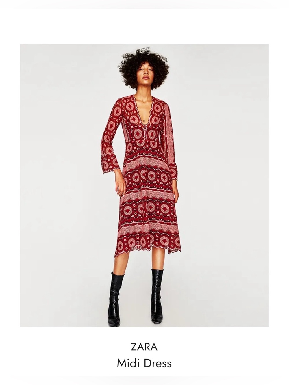 Zara Burgundy & Pink Cutwork Lace Midi Dress Long Sleeve Sz M